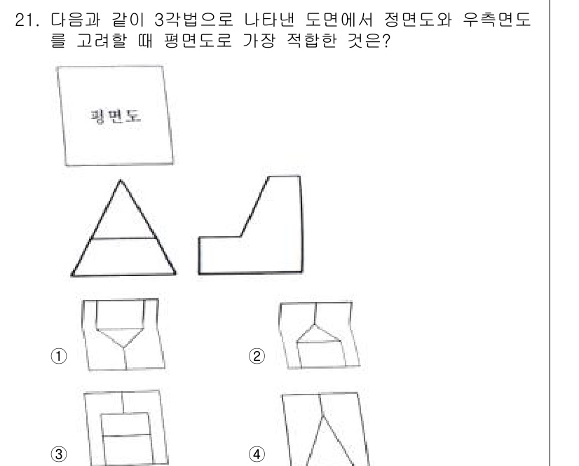 기계설계산업기사 2019년 21번 - 주어진 도면에서 정면도와 우측면도를 고려할 때, 3차원 입체를 가장 잘 ... 에 관한 핵심 기출문제