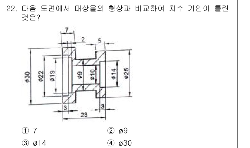 기계설계산업기사 2019년 22번 - 주어진 도면에서 내부와 외부의 형상을 비교할 때, 주요 치수는 7, 9,... 에 관한 핵심 기출문제