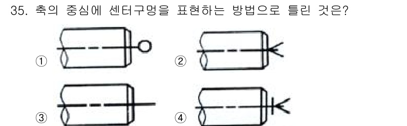 기계설계산업기사 2019년 35번 - 중심을 기준으로 대칭적인 위치에 있는 선들이 안정적으로 중심구멍을 표현하... 에 관한 핵심 기출문제