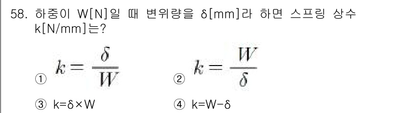 기계설계산업기사 2019년 58번 - 주어진 스프링 상수 \( k \)는 하중 \( W \)에 대한 변위 \(... 에 관한 핵심 기출문제