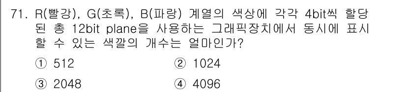 기계설계산업기사 2019년 71번 - R(빨강), G(초록), B(파랑) 색상에 각각 4bit씩 할당하고, 총... 에 관한 핵심 기출문제