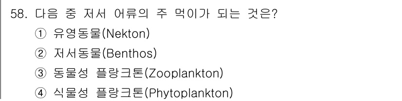 어로산업기사 2016년 58번 - 정답은 2번 저서동물(Benthos)입니다. 저서동물은 바닥에 살며 해양... 에 관한 핵심 기출문제