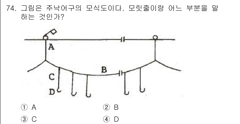 어로산업기사 2016년 74번 - . B  
B는 주낙어구에서 오프셋 핀을 지지하는 부분으로, 모릿줄의 저... 에 관한 핵심 기출문제