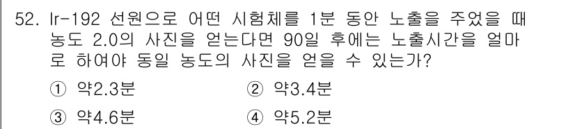 방사선비파괴검사산업기사(구) 2017년 53번 - Ir-192의 반감기는 약 73.8일로, 이 방사성 동위원소의 방출 속도... 에 관한 핵심 기출문제