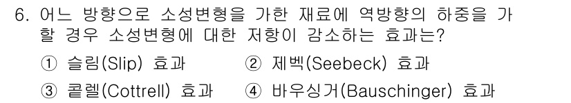 방사선비파괴검사산업기사 2017년 6번 - 정답은 4번, 바우싱거(Bauschinger) 효과입니다. 바우싱거 효과... 에 관한 핵심 기출문제
