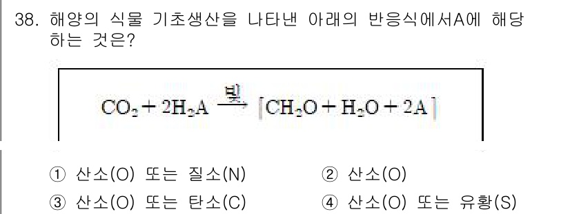 해양환경기사 2019년 38번 - 주어진 반응식은 이산화탄소와 물이 해양 식물의 광합성을 통해 탄소화합물로... 에 관한 핵심 기출문제