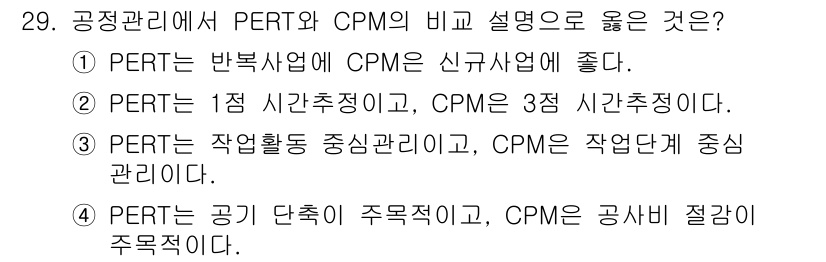 건설재료시험기사 2019년 31번 - 정답 3번은 PERT가 작업 활동 중심 관리인 반면, CPM은 작업 단위... 에 관한 핵심 기출문제