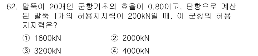 건설재료시험기사 2019년 66번 - 말뚝의 허용 지지력은 말뚝 개수와 효율을 곱하여 계산합니다. 주어진 효율... 에 관한 핵심 기출문제