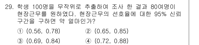 품질경영산업기사 2019년 29번 - 이 문제는 신뢰구간을 구하는 것으로, 주어진 샘플 수와 추정된 비율을 통... 에 관한 핵심 기출문제