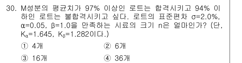 품질경영산업기사 2019년 30번 - 주어진 문제는 M 성분의 평균치에 대한 표본 크기를 요구합니다. 이항 분... 에 관한 핵심 기출문제