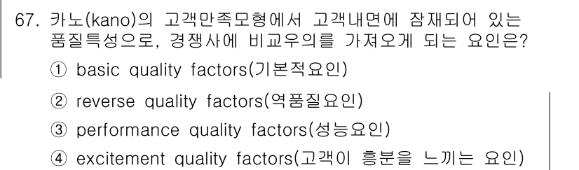 품질경영산업기사 2019년 67번 - Kano 모델에서 '기본질적 요소'는 고객이 기대하는 최소한의 품질 기준... 에 관한 핵심 기출문제