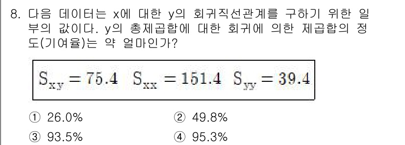 품질경영산업기사 2019년 8번 - 주어진 데이터에서 y와 x 간의 회귀선의 관계를 통해 Syy, Sxx, ... 에 관한 핵심 기출문제