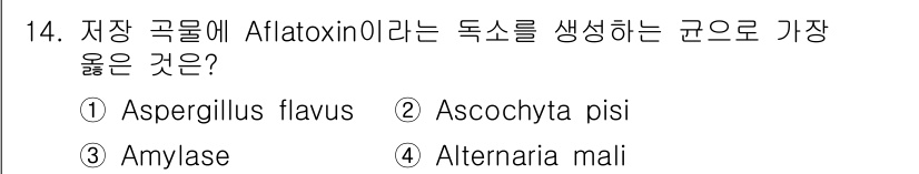 식물보호산업기사 2019년 14번 - . Aspergillus flavus  
Aflatoxin은 Asperg... 에 관한 핵심 기출문제