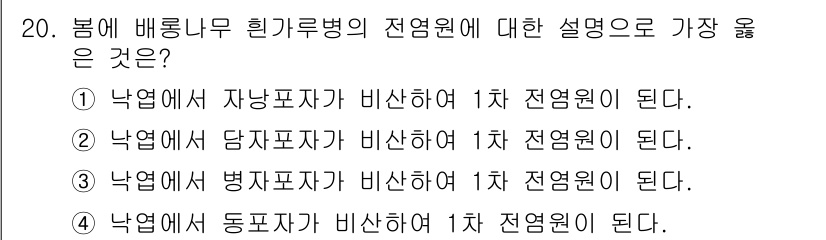 식물보호산업기사 2019년 20번 - 낙엽에서 자낭자가 비산하면 1차 전염원이 형성되며, 이는 병원균의 초기 ... 에 관한 핵심 기출문제