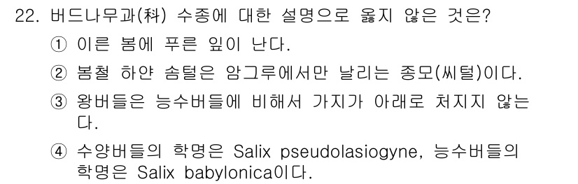 조경산업기사 2019년 22번 - 정답 4번은 수양버들의 학명에 대한 설명이 잘못되었기 때문입니다. 수양버... 에 관한 핵심 기출문제
