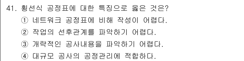 조경산업기사 2019년 41번 - 해설: 횡선식 공정표는 작업의 순후 관계를 명확히 파악하기 어렵고, 작업... 에 관한 핵심 기출문제