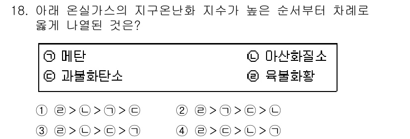 온실가스관리기사 2019년 18번 - 정답은 4번인 "육불화황"입니다. 육불화황(SF6)은 높은 GWP(온실가... 에 관한 핵심 기출문제