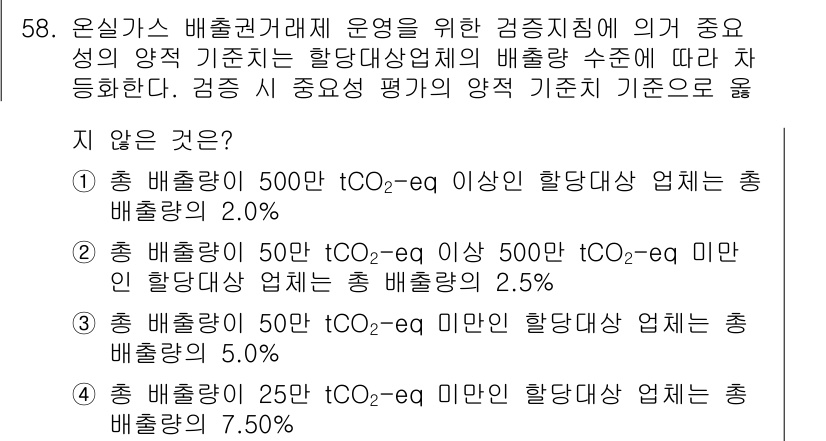온실가스관리기사 2019년 58번 - 문제에서 요구하는 '배출량'과 '총 배출량 비율'을 비교할 때, 각 항목... 에 관한 핵심 기출문제