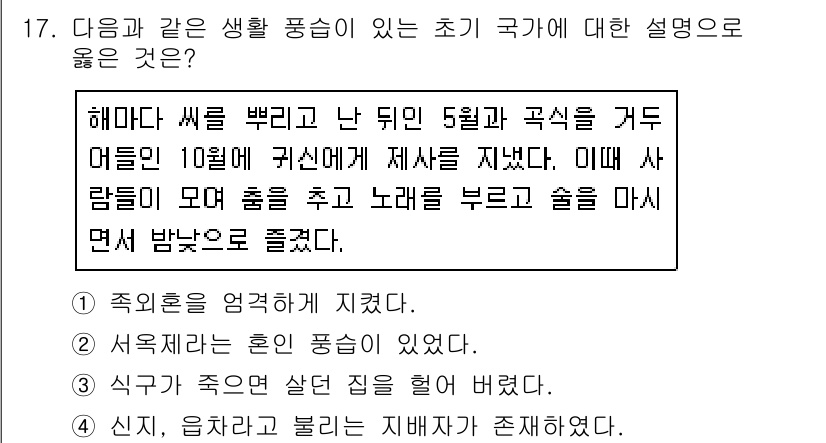 계리직공무원_한국사 2016년 17번 - 이 내용은 초기가 사람들끼리의 공동체 활동과 놀이 문화를 설명하고 있으며... 에 관한 핵심 기출문제