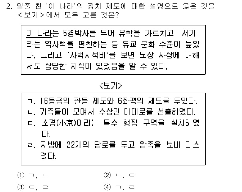 계리직공무원_한국사 2018년 2번 - '이 나라'의 정치 제도에 대한 설명에서, '5당 박사제'는 정치적 다원... 에 관한 핵심 기출문제
