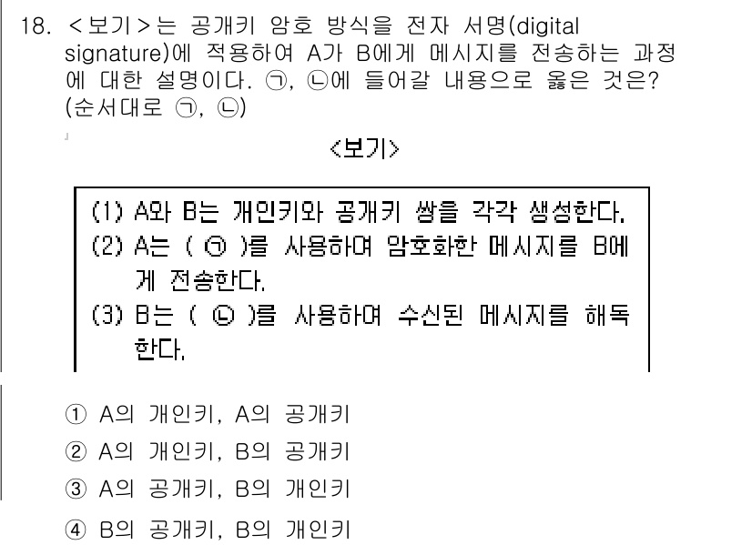 계리직공무원_컴퓨터_일반 2016년 18번 - 핵심 해설: A와 B는 공개키 암호 방식에서 각각의 공개키를 사용해 메시... 에 관한 핵심 기출문제