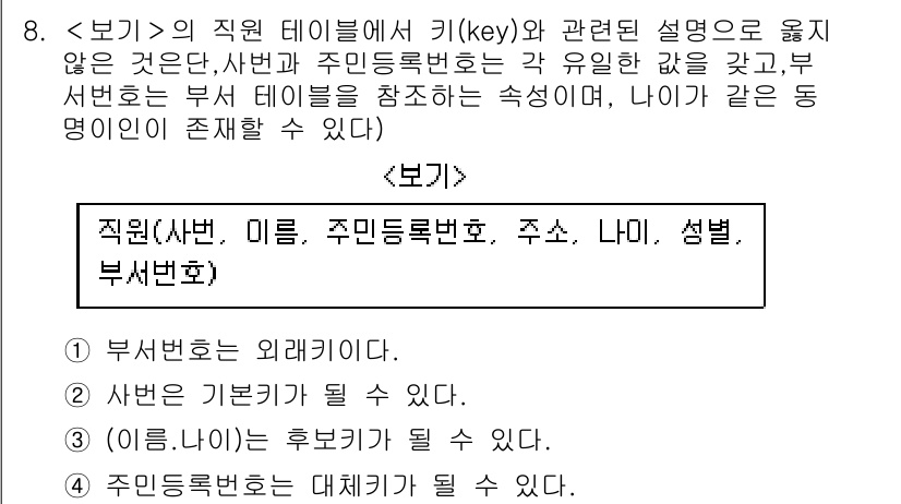 계리직공무원_컴퓨터_일반 2016년 8번 - 주어진 문제는 부서번호가 외래키로 사용되며, 직원 정보와 연결될 수 있다... 에 관한 핵심 기출문제