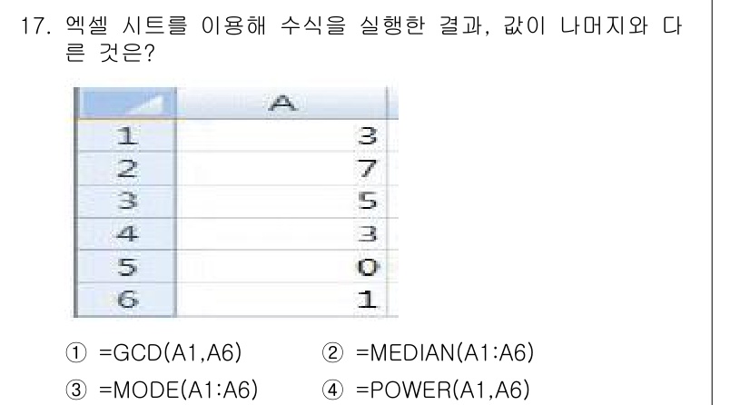 계리직공무원_컴퓨터_일반 2019년 17번 - `=GCD(A1,A6)`는 A1과 A6의 최대 공약수를 계산하는 함수로,... 에 관한 핵심 기출문제