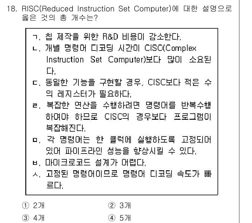 계리직공무원_컴퓨터_일반 2019년 18번 - RISC는 명령어 집합이 간소화되어 있어 균일한 명령어 길이를 가지며, ... 에 관한 핵심 기출문제