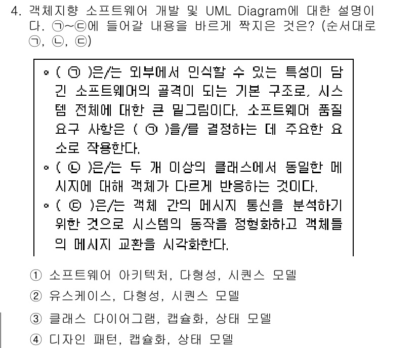 계리직공무원_컴퓨터_일반 2019년 4번 - UML 다이어그램은 소프트웨어 설계를 시각적으로 표현하기 위해 사용되는 ... 에 관한 핵심 기출문제