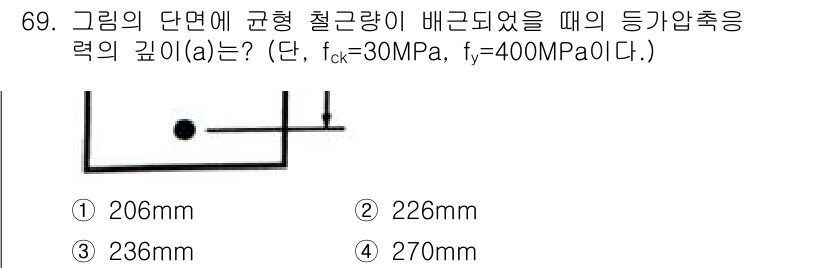 콘크리트기사 2019년 70번 - 주어진 문제에서 등가압축력 깊이는 콘크리트의 압축강도와 철근의 항복강도를... 에 관한 핵심 기출문제