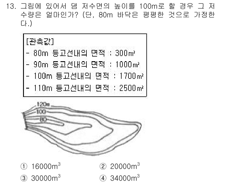 측량및지형공간정보산업기사 2019년 13번 - 저수면의 높이는 100m로 설정되어 있으며, 주어진 지형의 면적에 따라 ... 에 관한 핵심 기출문제