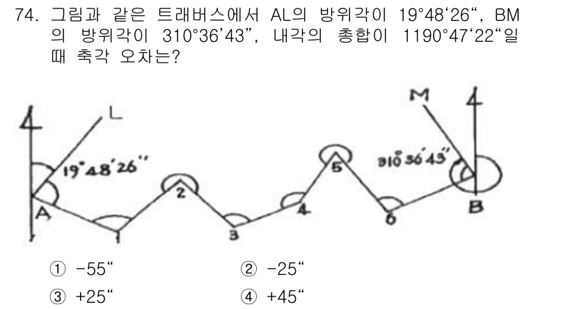 측량및지형공간정보산업기사 2019년 74번 - 주어진 각도에서 AL의 방위각과 BM의 방위각을 사용하여 내각의 총합을 ... 에 관한 핵심 기출문제