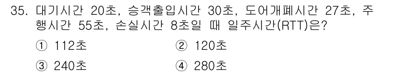 승강기산업기사 2019년 35번 - 일주시간(RTT)은 대기시간, 승객 출입 시간, 도어 개폐 시간, 주행시... 에 관한 핵심 기출문제