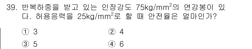 승강기산업기사 2019년 39번 - 주어진 인장강도와 허용응력을 이용해 안전율을 계산할 수 있습니다. 안전율... 에 관한 핵심 기출문제