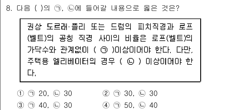 승강기산업기사 2019년 8번 - 문제에서 언급된 권상 도르레와 롤러의 피치직경 비율은 로프의 가닥수와 밀... 에 관한 핵심 기출문제