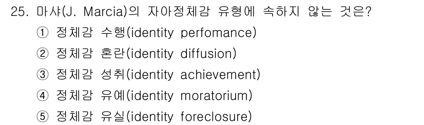 사회복지사_1급(1교시) 2020년 25번 - . 정체감 수행(identity performance)

정체감 수행은 ... 에 관한 핵심 기출문제