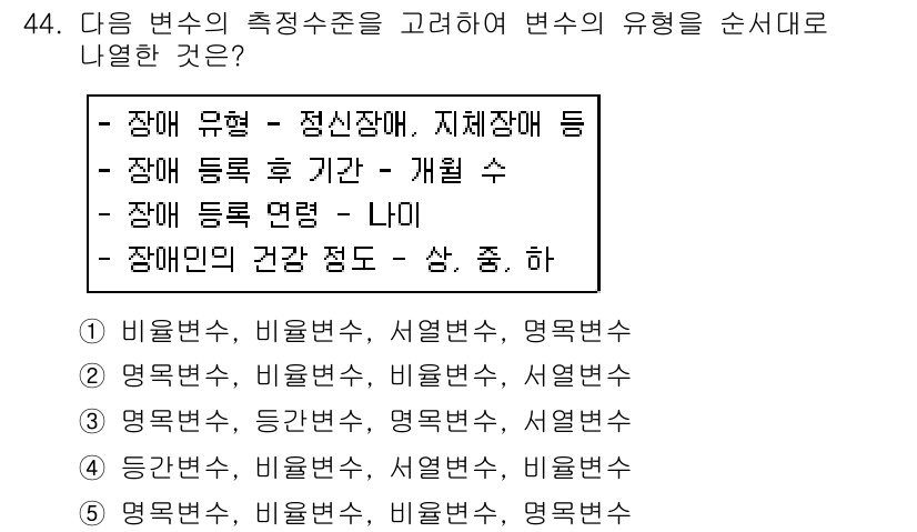 사회복지사_1급(1교시) 2020년 44번 - 정답이 2번인 이유는 장애 유형의 측정 수단이 순서에 따라 나열되어야 하... 에 관한 핵심 기출문제