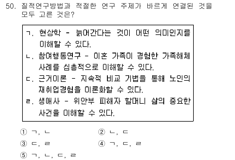 사회복지사_1급(1교시) 2020년 50번 - 정답 4번은 노인의 재취업 경혐을 대조하여 생활의 중요성을 이해하는 연구... 에 관한 핵심 기출문제