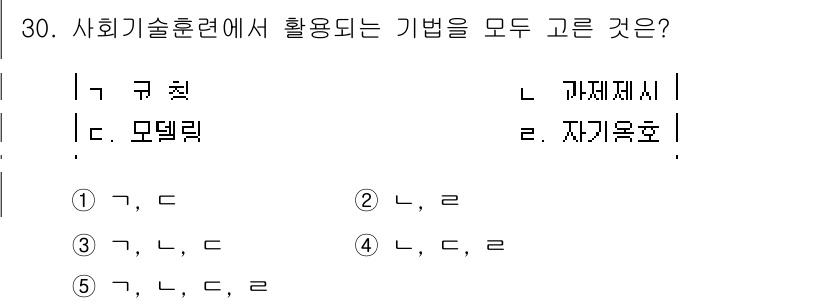 사회복지사_1급(2교시)(구) 2020년 30번 - 사회기술훈련은 구체적인 기술을 학습하고, 이를 모델링하여 자신에게 필요한... 에 관한 핵심 기출문제