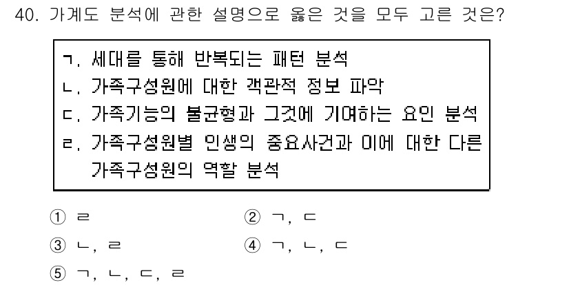 사회복지사_1급(2교시) 2020년 40번 - 주어진 선택지 중에서 "세대와 가족 성원 간의 관계 분석"은 가족 구성원... 에 관한 핵심 기출문제