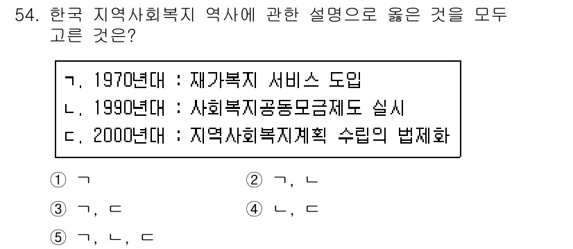 사회복지사_1급(2교시) 2020년 54번 - 1970년대에는 재가복지 서비스가 도입되었고, 1990년대에는 사회복지정... 에 관한 핵심 기출문제