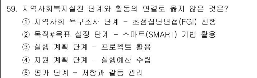 사회복지사_1급(2교시) 2020년 59번 - 평가 단계는 이미 진행된 활동에 대한 결과를 분석하고 피드백하는 과정으로... 에 관한 핵심 기출문제