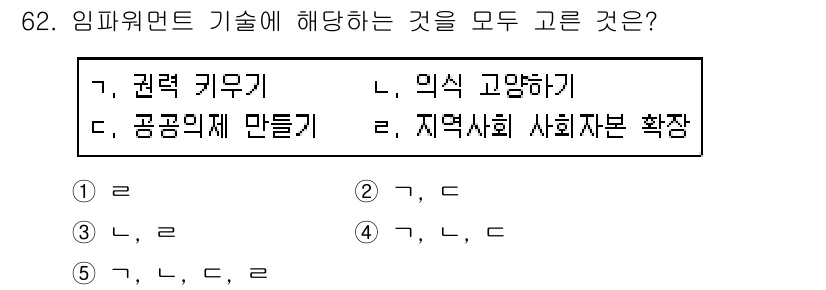 사회복지사_1급(2교시) 2020년 62번 - 임파워먼트 기법은 개인이나 집단이 자신들의 권리를 인식하고 역량을 강화하... 에 관한 핵심 기출문제