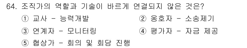 사회복지사_1급(2교시) 2020년 64번 - 정답은 4. 평가자 - 자금 제공입니다. 이유는 '평가자'는 주로 성과를... 에 관한 핵심 기출문제