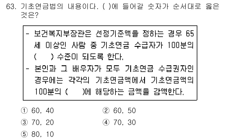 사회복지사_1급(3교시)(구) 2020년 63번 - 기초연금법의 내용에 따르면, 기초연금 수급자의 연령 기준은 65세 이상이... 에 관한 핵심 기출문제