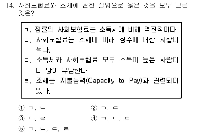사회복지사_1급(3교시) 2020년 14번 - 조세는 수입에 기반한 부담능력에 따라 부과되며, 이는 소득세와 사회보험료... 에 관한 핵심 기출문제