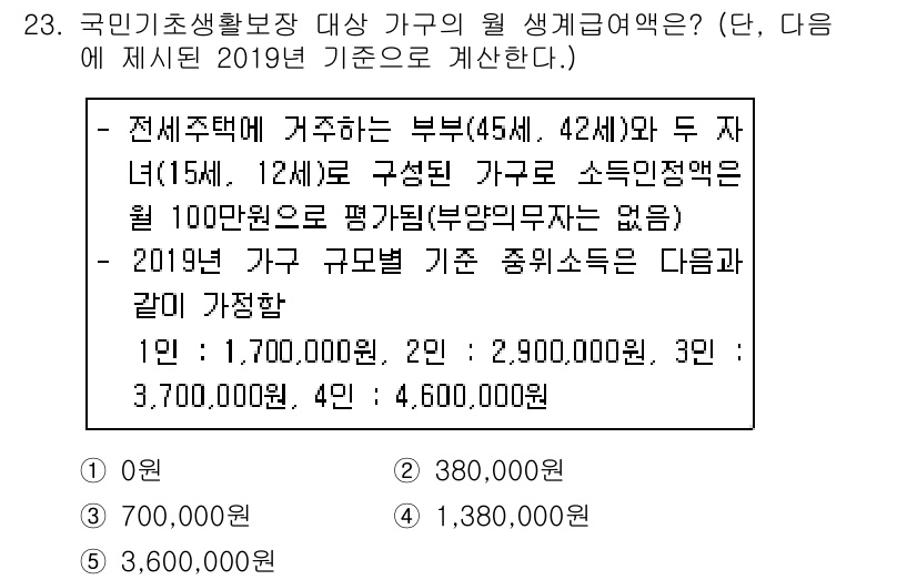 사회복지사_1급(3교시) 2020년 23번 - 가구 규모 별 기본 중위소득은 1인 가구가 1,700,000원, 2인 가... 에 관한 핵심 기출문제