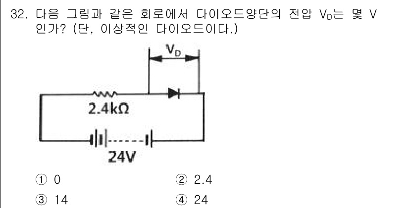 소방설비산업기사(전기) 2018년 32번 - 다이오드가 직렬로 연결된 회로에서 전압 V는 공급 전압에서 다이오드의 전... 에 관한 핵심 기출문제