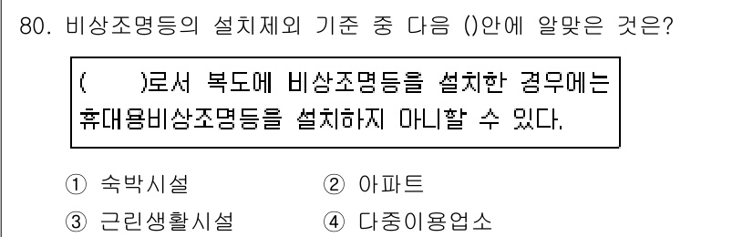 소방설비산업기사(전기) 2018년 80번 - . 

비상조명등의 설치 기준은 특정 용도에 따라 다르며, 숙박시설은 자... 에 관한 핵심 기출문제