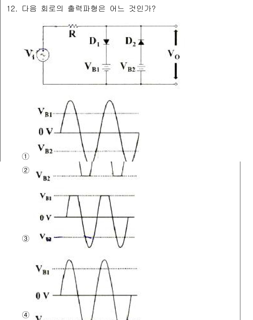 전자산업기사 2019년 12번 - 이 회로에서는 다이오드 D1과 D2가 각각 양극성과 음극성으로 작용하여 ... 에 관한 핵심 기출문제